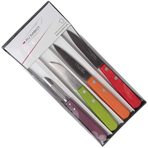 AU SABOT Coffret de 4 Couteaux indispensables Manche Bois panachés Made in France. 2 Offices Lame 8 cm, 1 Bec Oiseau, 1 éplucheur