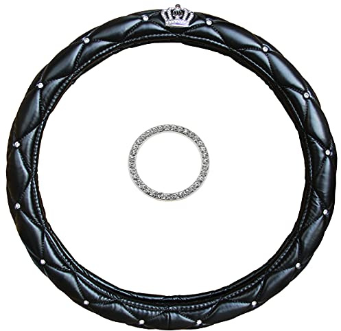 Universal Auto Lenkradhülle Lenkrad Abdeckung mit Krone und Diamanten Lenkradbezug aus PU Leder 38CM / 15'' Anti Rutsch Lenkradabdeckung Lenkradschoner für Damen & Mädchen