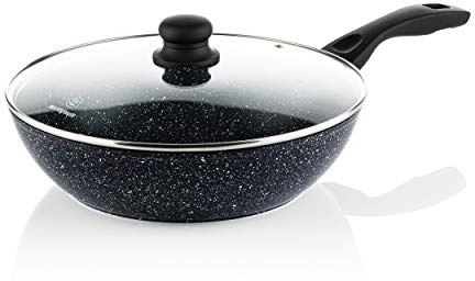Westinghouse Black Marble Wok WHP131 - Sartén wok (30 cm, revestimiento de mármol antiadherente de 3 capas, aluminio forjado, apta para inducción, mango recubierto de silicona, apto para