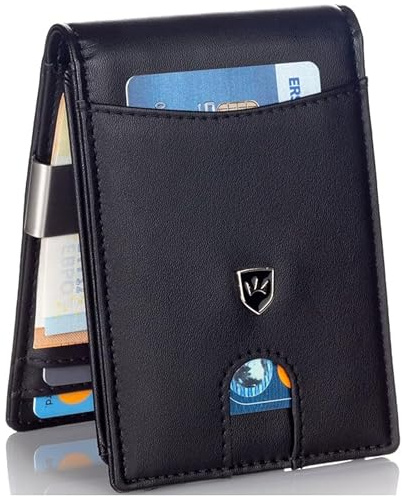Kronenschein® Slim Wallet mit Münzfach & RFID Schutz - Mini Geldbörse Kunstleder Herren Kartenetui - Portmonee klein mit Geldklammer - Geldbeutel für EC-Karten, Kreditkartenetui mit 14 Fächer schwarz