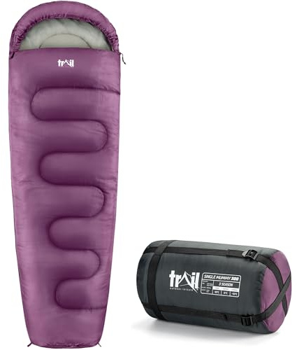 Trail Mummy Sleeping Bag For Adults, Single 3 Season Spring Autumn Winter, 300gsm, Waterproof, Outdoor Camping, Internal Pockets, Lightweight Compression Bag