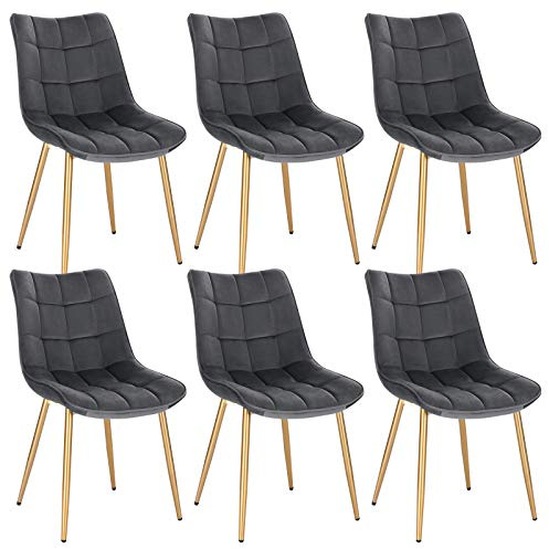 EUGAD 0671BY-6 Esszimmerstühle 6er Set Küchenstuhl Polsterstuhl Retro Design Wohnzimmerstuhl mit Rückenlehne, Samt Sitzfläche, Gold Beine, Grau