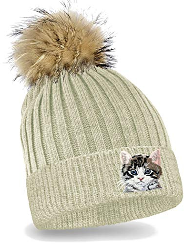 Blackshirt Company Kinder Mütze Katze Strickmütze mit Bommel Beanie Katzen Kappe