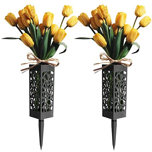Grabvase Schwarz Steckvase,Robuste Friedhofsvasen mit 5.3Erdspieß,Blumenvase für Grab aus Kunststoff mit Drainagelöchern,Frostsicher Steckvase für Grab,witterungsbeständiger Grabschmuck (2 Pcs)