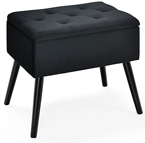 COSTWAY Flip Top Velvet Footstool, Modern Upholstered Dressing Vanity Stool Seat with Solid Wood Legs, Pouffe Storage Ottoman Footrest for Bedroom, Living Room and Hallway (Black)