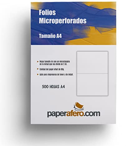 Paperafero - Folios Perforados A4 | Paquete 500 Hojas 80gr Con Microtaladro Para Dividir en 2 A5 | Apto Para Impresoras de Toner e Inkjet, Papel Oficina y Papelería