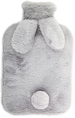 Wärmflasche,Wärmflasche mit bezug,Auslaufsicher 2L Groß Wärmflaschen,Cartoon-Kaninchenform,Geruchlos PVC Wasser Tasche, ideal für Schmerzlinderung (Grau)