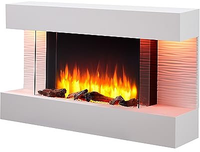 BALDERIA camino elettrico Elis | Caminetto elettrico da parete con effetto fiamma 3D | Riscaldamento elettrico 2000 W | Focolare sospeso a parete con telecomando, timer, termostato | Bianco