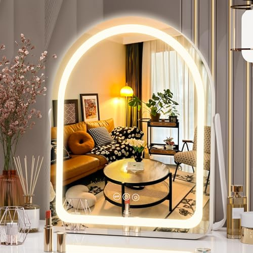 Hasipu Vanity Mirror with Lights, 11× 14 Arched LED Makeup Mirror, Lighted Makeup Mirror with Lights, Smart Touch Control Dimmable 3 Modes Light 360°Rotation White