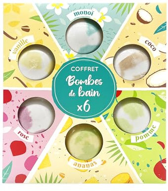 French Tendance - Coffret 6 Bombes de Bain - 6 x 60g - Effet Relaxant, Moment Détente - Senteurs Monoi, Vanille, Coco, Ananas, Pomme, Fleur de Cerisier - Kit Bombe Bain Moussant