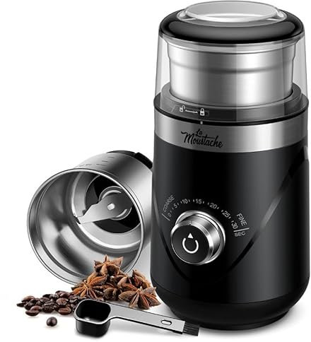 La Moustache - Molinillo de Café Eléctrico 150W | 80g con Cuchilla de Acero Inoxidable【Bajo Ruido 60dB】Contenedor Extraíble | Molido Fino/Grueso, Tiempo de 5-30 Segundos, Cepillo (GrindMini Black)