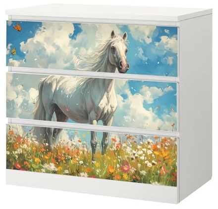 Möbelfolie Weisses Pferd passend für Ikea Malm Kommode 3 Schubladen Deko