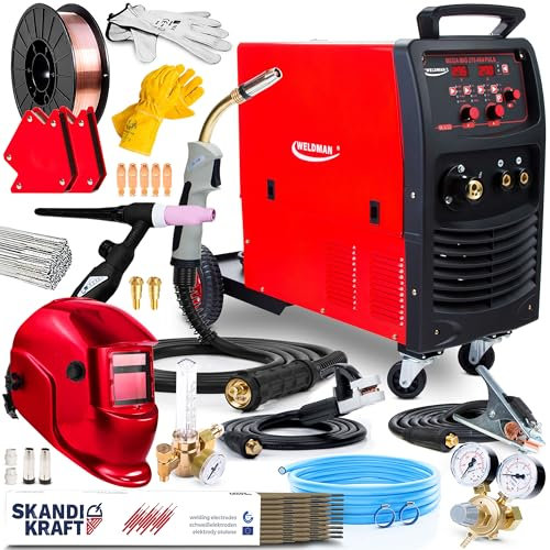 Weldman MEGA MIG 275 4x4 Puls - Soldador Inverter Profesional 400V 270A - Sinergia Total - MIG/MAG, PULS, MMA, FLUX - Soldadura por Puntos, Regulación de Inductividad - 4 Rodillos - Set Premium
