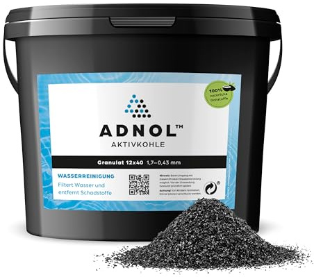 ADNOL® Aktivkohle Granulat 5 Liter aus Kokosnussschalen für Wasserfilter für Aquarium und Teich, Mesh 12x40, Körnung 1,70-0,43mm, Energieklasse A, als Carbon Filter verwendbar