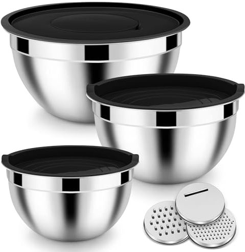 Homikit Set di 3 ciotole in acciaio inox, con coperchio ermetico e 3 grattugie, nero, per mescolare, 1,6 l, 2,8 l, 4,6 l, impilabili
