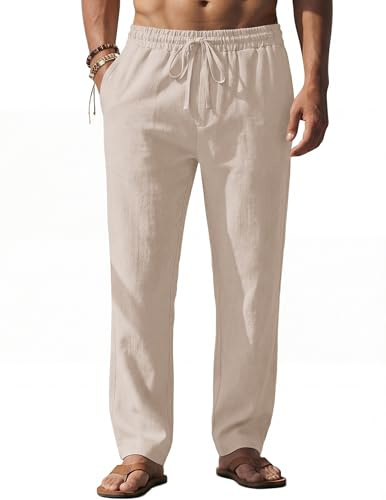 COOFANDY Men's Linen Pants Casual Beach Travel Pants Relaxed fit Lightweight Drawstring Cotton Linen Slacks