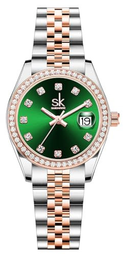 SHENGKE Women's Crystal akzentuiert mit soliden Legierung Stahlband Uhr Elegantes Kleid Quarz Kalender Uhren für Frauen (Rosegold-Grün)