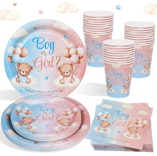 Heboland Gender Reveal Party Deko Partygechirr Set für 24 Gäste, 96pcs Babyshower Wiederverwendbare Pappteller Servietten Pappbecher Boy or Girl Deko