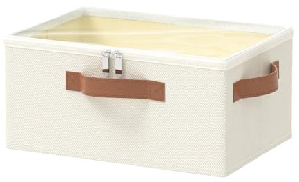 OUTBROS 1 Stück Aufbewahrungsbox mit Deckel, Faltboxen 38x26x15cm, Beige | Stoffboxen aufbewahrung mit Griff, Kleiderschrank Organizer, Unterbettkommode für Kleidung, Decken, Bettdecken