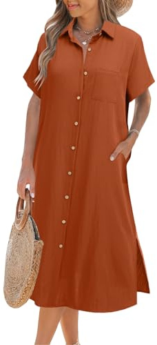 Zeagoo Playa Cover Up Mujeres Caramelo Vestido Blusa Manga Corta con Botones Largo Camisa Vestidos de Verano Cuello en V L