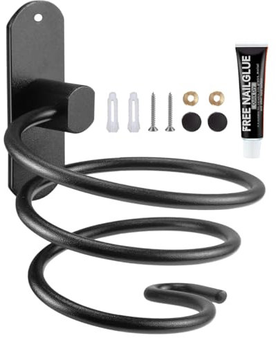 JOBYNIM Support Seche Cheveux, Porte Seche Cheveux Mural Forme de Spirale avec Support de Câble Accroche Seche Cheveux en Aluminium Accessoires de Salle de Bain, Noir