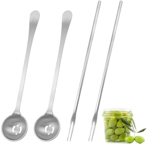 GIONAR Lot de 4 cuillères à olives et fourchettes à cornichons de 18 cm en acier inoxydable avec long manche, pince à oignons marinés pour pots d'olive, concombre, oignon et roquette