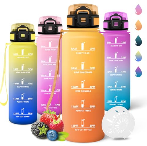Trinkflasche, 1500ML BPA-Frei, Wasserflasche, Auslaufsicheres Schlossdesign, Gym Flasche, Flasche mit zeitmarkierung, Sport Trinkflasche für Camping, Fitnessstudio, Berge besteigen - Bernstein&Orange