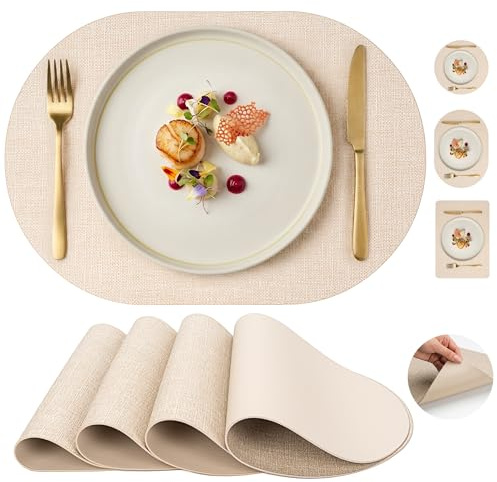 Promattoo Tischsets 4er Set Kunstleder, Abwischbare wasserdichte Hitzebeständige Platzsets mit Handgemachter Kantenversiegelung, Imitierte Leinenstruktur