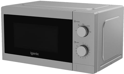 Igenix 20L 800W Silver Manual Microwave – 5 Power Levels, Defrost Setting, 35-Min Timer, Push Button Door, 255mm Turntable – IGMS08080S