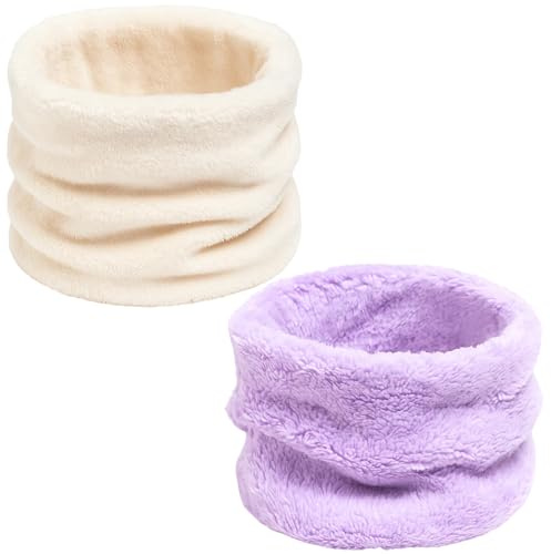 ZPSCXQ 2 Pack Kids Snood, Beige and Purple Fleece Neck Warmer for Girls, Soft Toddler Scarf for Cold Weather, Winter Warm Snoods for Kids Indoor Outdoor Activities