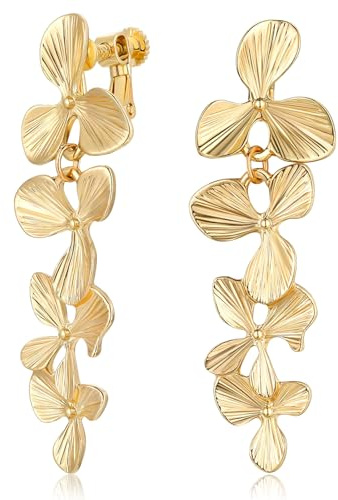 Boucles d'oreilles à clip en or pour femme - Grandes boucles d'oreilles florales - Sans piercing