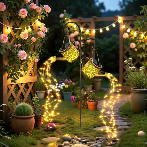 2 Pack Solar Lights Outdoor Garden Ornaments,Led Solar String Light Waterproof Metal Hanging Watering Can Lantern for Patio Yard Pathway Decoration,Gardening Gifts for Mom Grandma Women Birthday
