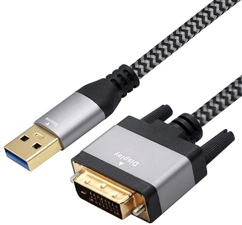 Auratrove Cavo video da USB 3.0 a DVI, adattatore maschio da 2 m per laptop a monitor proiettore, trasferimento dati ad alta velocità con nucleo in rame, grigio