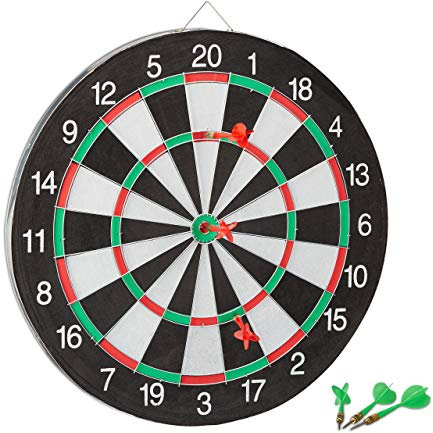 Relaxdays Dartscheibe Board X1 mit Pfeilen, 43 cm, 6 x Pfeile, zweiseitig, Steeldarts, Dartboard klassisch, schwarz-weiß