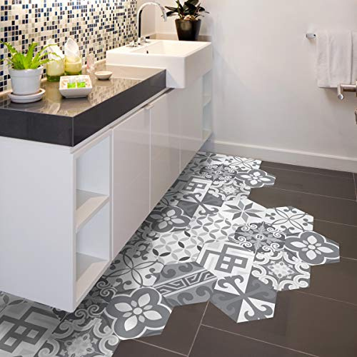 Sticker Sol Carreaux de Ciment azulejos avec laminat de Protection en Plastique| Stickers Adhésifs Carrelages Hexagones Sol résistant à l'eau - Carrelage adhésif pour Sol - 20x18cm - 10 pièces | Stickers carrelage adhésif cuisine et salle de bain, antidérapant étanche, résistant à l'usure, pose sans travaux ni colle
