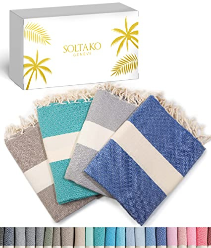SOLTAKO Fouta Diamant Premium Hamamtuch 100x200 cm, 100% Baumwolle, schnelltrocknend & saugfähig, Strandtuch, Saunatuch, Badetuch, 4er Set Platingrau/Taupe/Königsblau/Jade