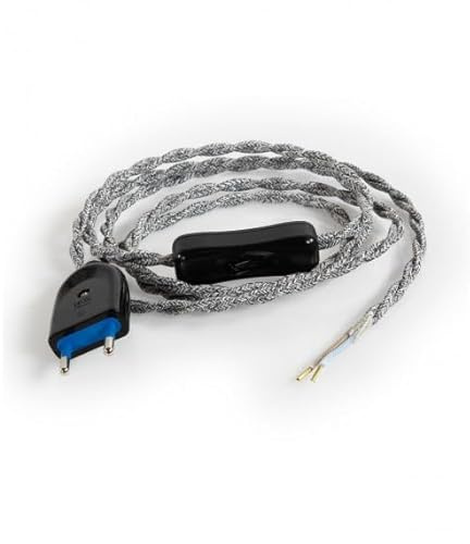 LnD - Câble Électrique d'Alimentation Pré Monté Torsadé en Lin Clair avec Prise et Interrupteur - Fils Dénudés - Fiche Mâle - Pour Luminaires et Lampes - Lin Couleur Gris
