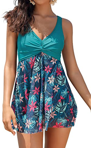SHEKINI Mujer Traje de Baño con Falda Una Pieza Tankini Hálter Elegante Bikini Conjunto de Malla Bañador con Falda de Una Pieza con Seguridad Shorts（Verde Oscuro Q,XL