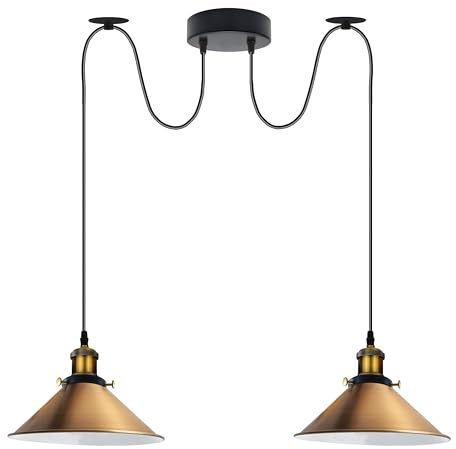Lampada a sospensione industriale doppia, regolabile, a 2 teste, con cavo da 200 cm, attacchi E27, paralumi in metallo per cucina, sala da pranzo, soggiorno, bar, caffetteria (ottone giallo - 2)