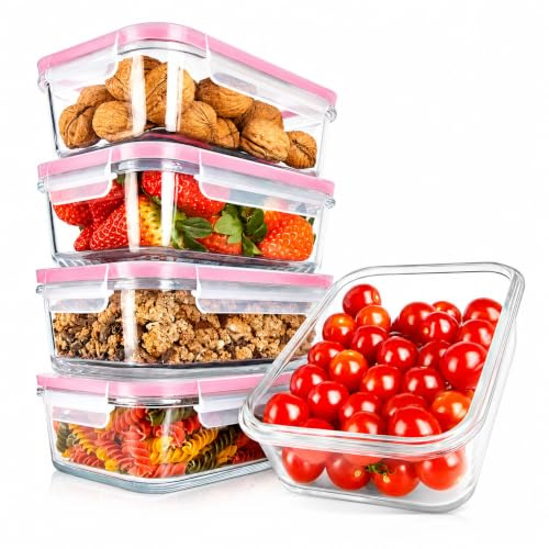 Nutrichef Ensemble de 10 Contenants Alimentaires en Verre Supérieur (5 Contenants + 5 Couvercles Hermétiques), Design Empilable pour Préparation de Repas, Couvercles Transparents - Rouge