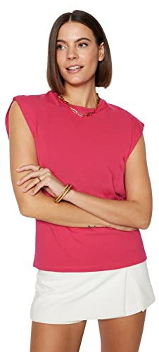 Trendyol T-Shirt da Donna Girocollo Basic con vestibilità Regolare Maglietta Maglia, Fucsia, M