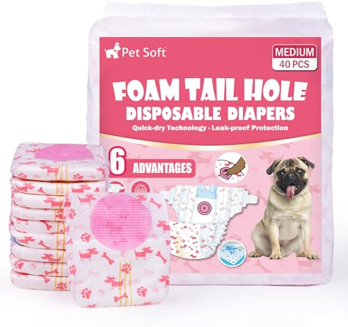 Pet Soft Hundewindeln für Hündinnen, 40 Stück Einweg-Windeln für Hunde&Katzen, Hochsaugfähige Katzenwindeln Läufigkeitshose für Hündinnen mit verstellbarem Schwanzloch (M-40 Stück)