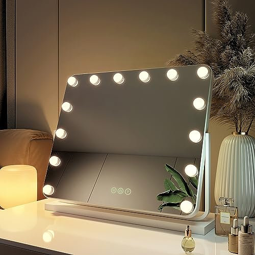 EMKE Hollywood Spiegel mit Beleuchtung, 3 Lichtfarben dimmbar, 360 Grad Spiegel, Schminkspiegel mit Beleuchtung mit Touch, Tischspiegel mit 14 LED Lampen 60x52cm (Weiß)