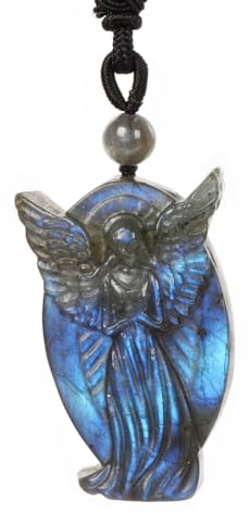 Justinstones Natural Carved Labradorite Angel with Wings 48mm Pendant Necklace for Unisex Crystal Stone Amulet Necklace with Adjustable Cord 18 to 28 inch