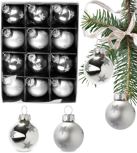 BRUBAKER 12 Stück Weihnachtskugeln - 3 cm Baumkugel Set - Christbaumschmuck | Handbemalte Mini Kugeln mit Glitzer Sternen für Weihnachtsbaum - Weihnachtsbaumkugeln aus Glas - Silber