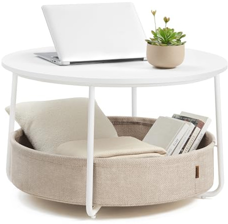 VASAGLE LILEA Collection - Coffee Table with Storage, Round Center Table for Living Room with Fabric Basket, Modern Style, Metal Frame, Matte White and Camel Brown ULCT244W10