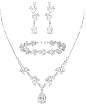 Clearine Zirkonia Hochzeit Schmuck Set Teardrop Marquise Cluster Halskette Dangle Ohrringe und Tennis Armband für Damen Braut