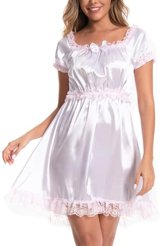 Satini Dessous Satin Sissy Babydoll-Stil Rüschen Rüschen Spitze Unterkleid Nachtwäsche Kleid (Weiß, XL)