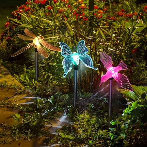 CDIYTOOL 3-pack solcellslampor för trädgårdslampor i LED, flerfärgad, skiftande trollslända, fjäril, kolibri, former för utomhusbruk, tältdekoration, gräsmatta, gård, gångbelysning