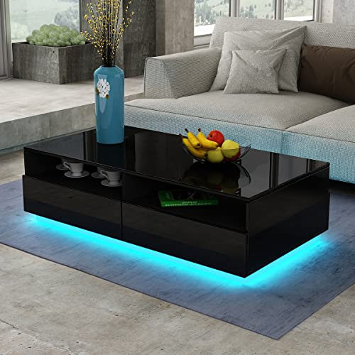 Wohnzimmer Beistelltisch mit Stauraum 4 Schubladen 2 Offene Fächer LED Beleuchtung Holz Rechteckig Hochglanzoberfläche Couchtisch Kaffeetisch Wohnzimmertisch Sofatisch (Schwarz mit LED)